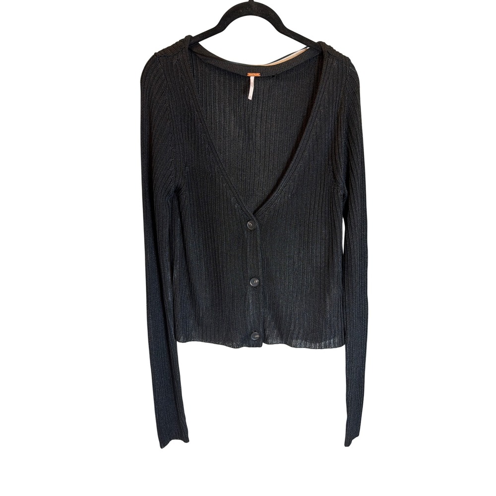 Free People Black Ribbed Knit V-Neck Button Front Long Sleeve Cardigan XL